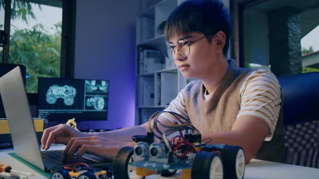 Asian teenager doing Arduino robot homework project in house, technology of robotics programing and kids education concept.