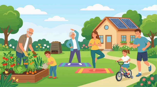 Multi-generational family enjoying outdoor activities in an eco-friendly garden