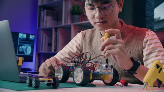 Asian teenager doing Arduino robot homework project in house, technology of robotics programing and kids education concept.