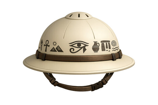 image.png Beige safari pith helmet with leather strap and ancient Egyptian symbols, Eye of Horus and hieroglyphic style decorations, isolated on transparent background.