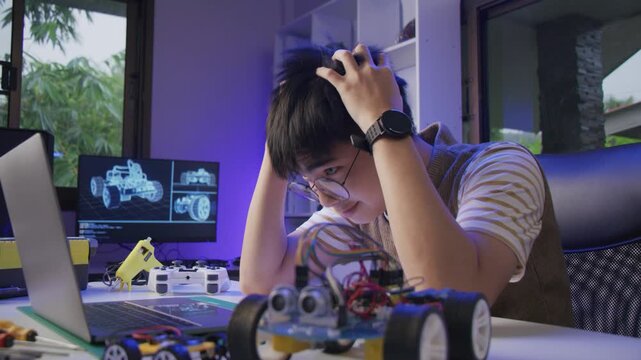 Asian teenager doing Arduino robot homework project in house, technology of robotics programing and kids education concept.