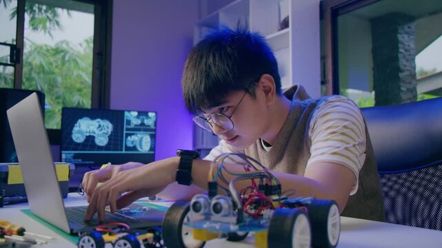 Asian teenager doing Arduino robot homework project in house, technology of robotics programing and kids education concept.