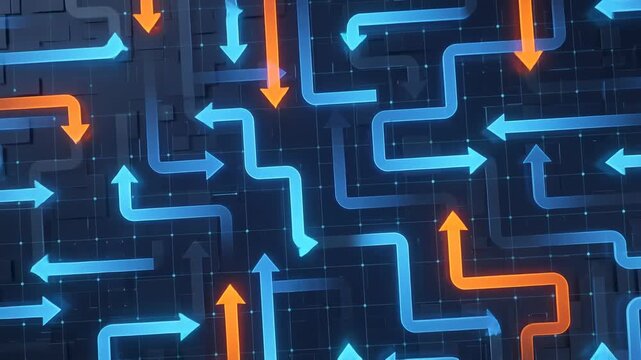 Dynamic directional arrows in motion digital space graphic animation high-tech environment aerial view modern design concept