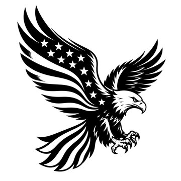 Flying Bald Eagle with American Flag Wings Black and White Vector