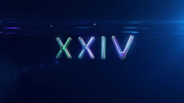 Glowing multi colored xxiv roman numerals floating in dark space with vibrant dots in slow motion