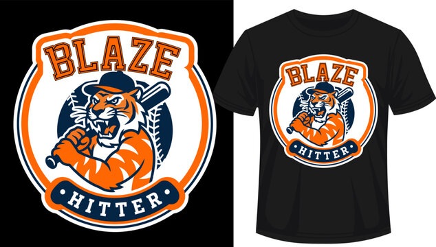 Angry tiger baseball hitter mascot logo design with bat and elements, bold orange and navy colors, professional sports