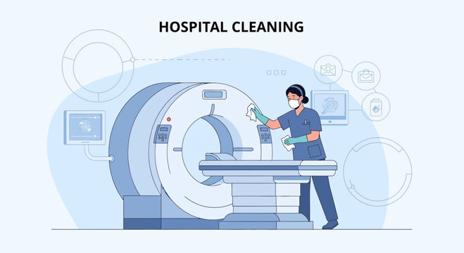 Hospital Cleaning: Medical Staff Disinfects MRI Machine for Patient Safety