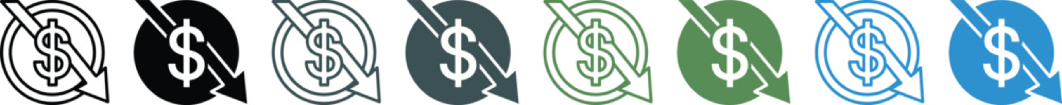 Dollar sign icons with downward arrow representing financial loss and economic decline in different styles