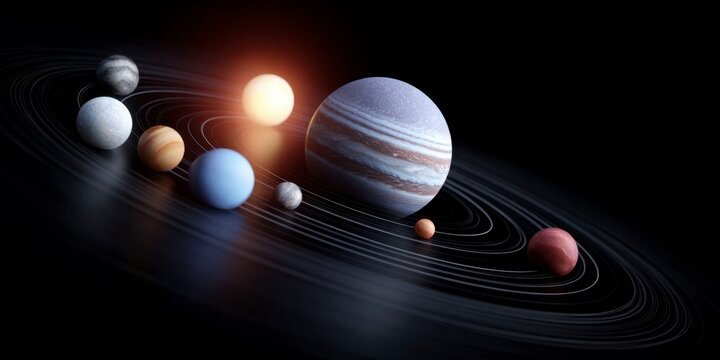 the solar system with all planets orbiting the sun, dark background