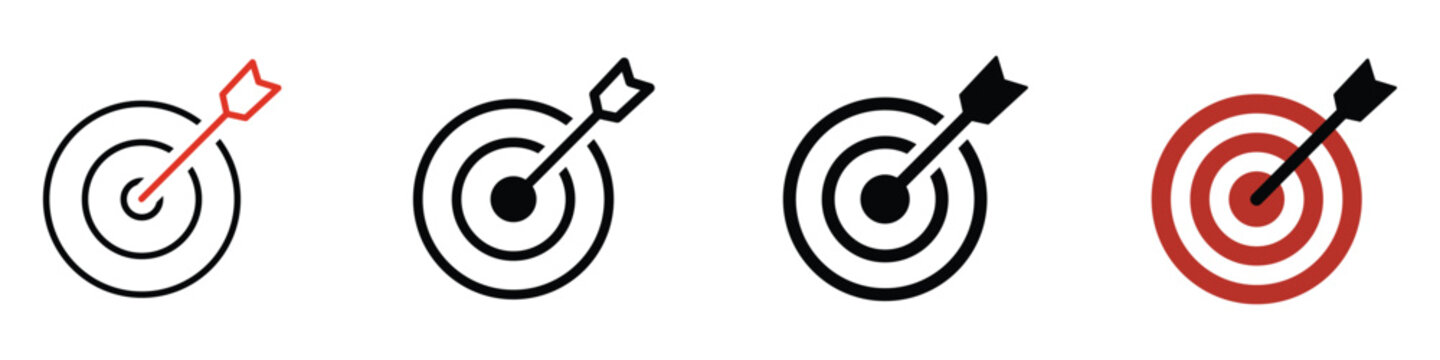 Target icon, containing target with arrow in center, goal symbol, accuracy, focus, vector illustration