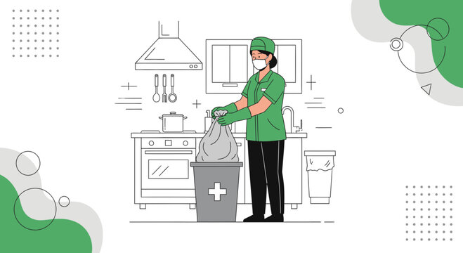 Healthcare Worker Disposing of Waste in Hospital Kitchen, Maintaining Hygiene