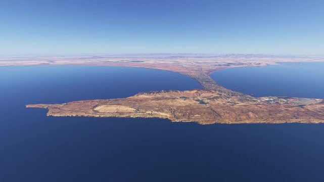 Side aerial drone view of Gwadar. Pakistan