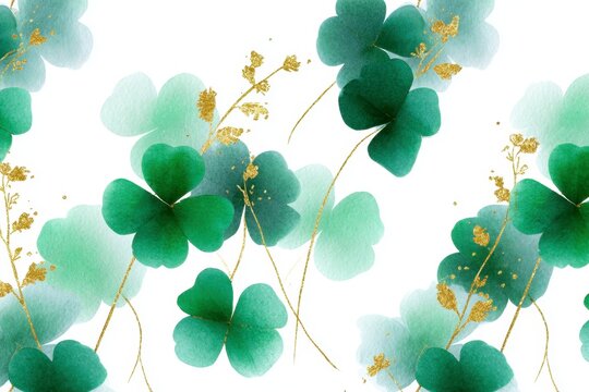 watercolor clover leaves with gold foil accents, seamless pattern on a white background, soft green and dark emerald colors.