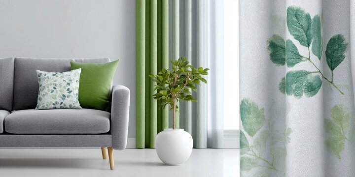 a living room with a grey sofa, green and white curtains with a leaf pattern print on window, modern home decor