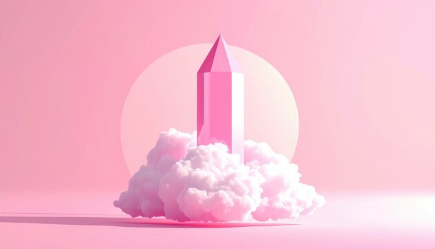 Pink crystal rocket launching from soft clouds against pastel backdrop