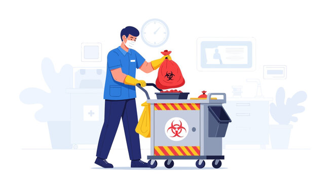Healthcare worker in mask and gloves disposes of biohazard waste on a cleaning cart