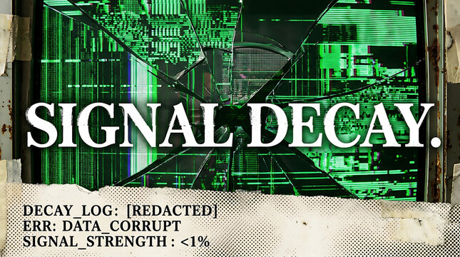 Signal decay text overlay on green digital glitch background with corruption