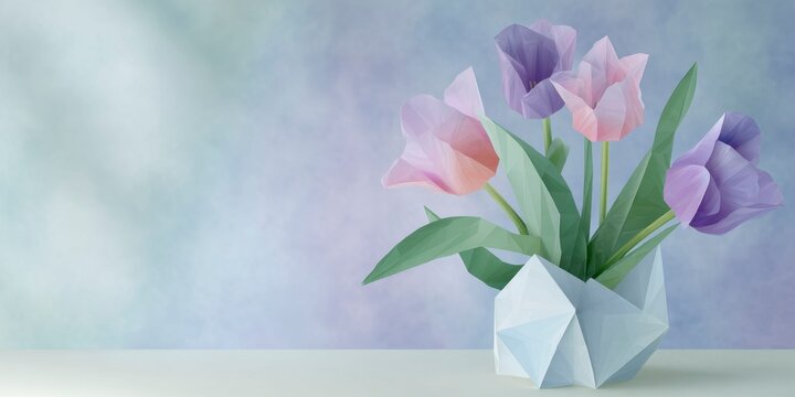tulips in an origami vase, in pink and purple colors