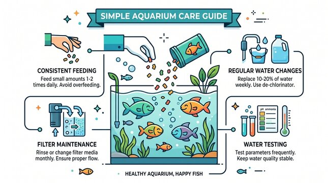 Simple aquarium care infographic, fish food dropping into tank, happy fish illustration