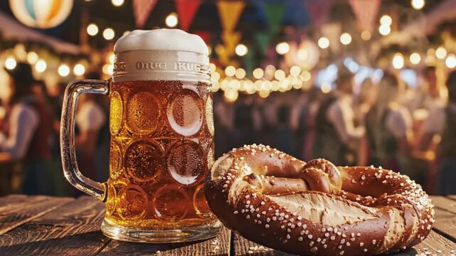 Mug of frothy beer and salted pretzel at a festive celebration