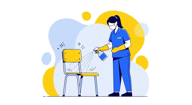 Healthcare worker sanitizing chair with spray, hygiene concept, abstract background