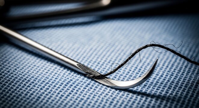 Close-up of Surgical Suture Needle and Thread on Blue Textured Background.