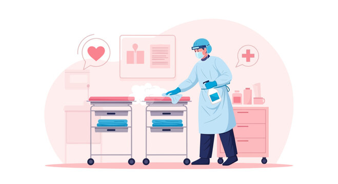 Healthcare Worker Disinfecting Hospital Room, Medical Equipment Cleaning, Infection Control