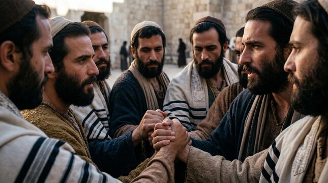 Middle Eastern men making a secret vow by holding hands in a circle. Biblical scene representing group conspiracy and dark pact in Jerusalem. Historical drama inspired by the Bible.