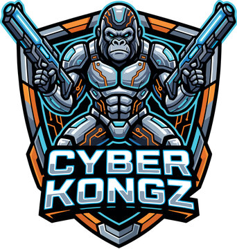 Cyber Kongz V2: Futuristic grey and neon blue mechanical gorilla warrior holding sci-fi blasters