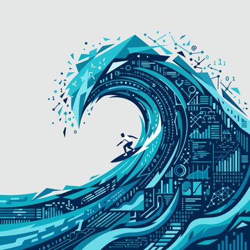 A vector graphic illustration of a surfer riding a wave made of circuit boards and code