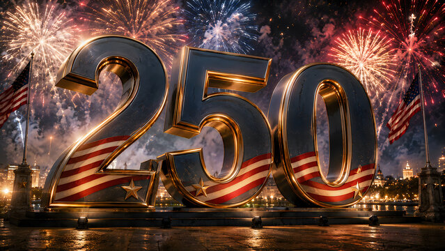 Anniversary celebration fireworks display over water with golden number two hundred fifty and red ribbon decoration