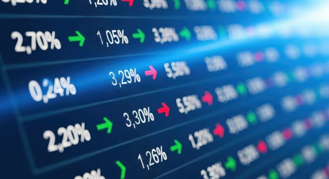 Financial Stock Market Ticker Displaying Real-Time Percentage Changes and Growth Arrows on Digital Screen