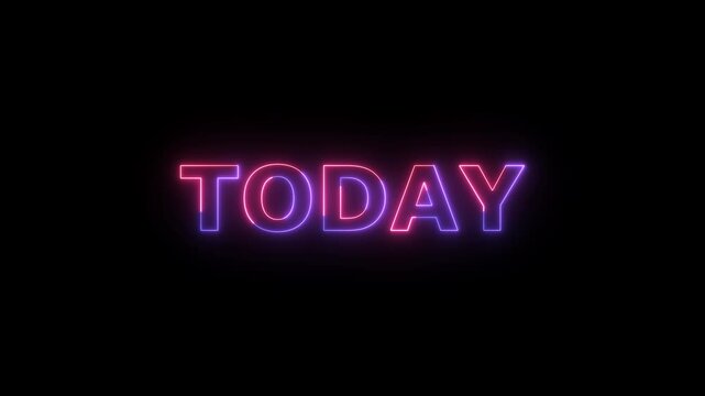 The word TODAY rendered in a captivating neon glow of pink and purple, floating against an absolute black canvas