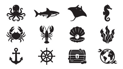 Collection of marine life and nautical icons including octopus shark manta ray seahorse crab lobster seashell with pearl seaweed anchor ship wheel treasure chest and globe presented as bold black © Muhammad