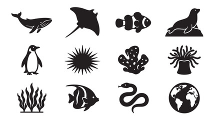 Collection of stylized black and white vector icons representing diverse marine life and aquatic elements including a whale stingray clownfish penguin sea urchin coral anemone seaweed angelfish sea © Muhammad