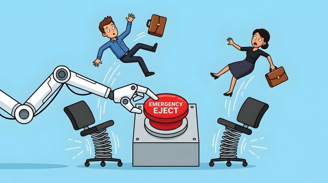 Business people falling with emergency button and robotic arm concept of workplace crisis and automation risk