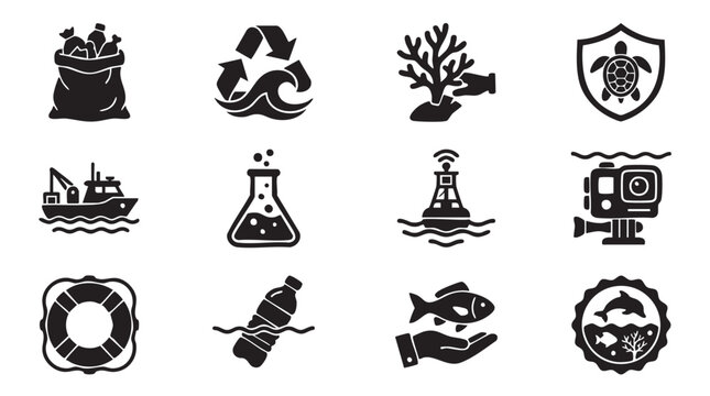Collection of black and white vector icons representing ocean conservation marine life protection and environmental cleanup efforts including a trash bag recycling symbol coral restoration sea turtle