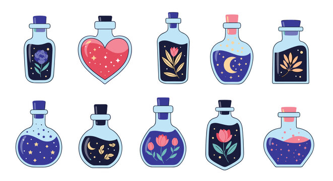 Assorted magical elixir bottles filled with colorful liquids and decorated with moon, star, and botanical symbols for fantasy games.