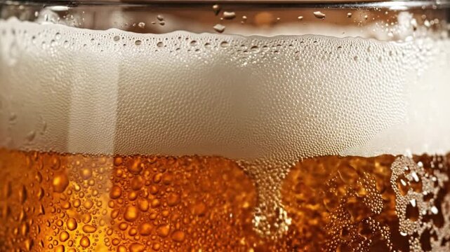 Cold beer pouring into a glass with thick white foam and bubbles