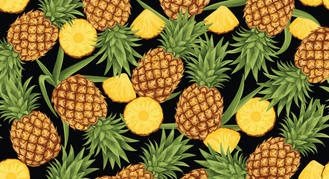Tropical seamless pattern of realistic whole pineapples and sliced segments on a solid black background for textile.
