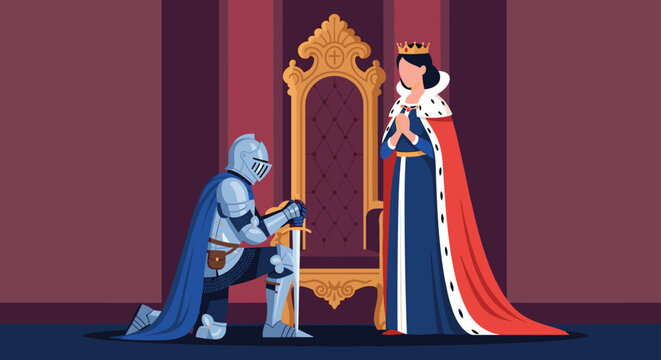 Brave medieval knight in full silver armor kneeling and showing respect to a majestic queen sitting on a golden throne in a royal hall.
