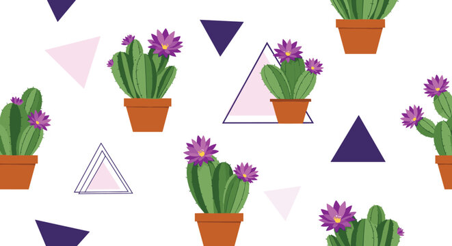 Geometric cactus pattern with flowering plants in pots mixed with purple and pink triangles on a white background.
