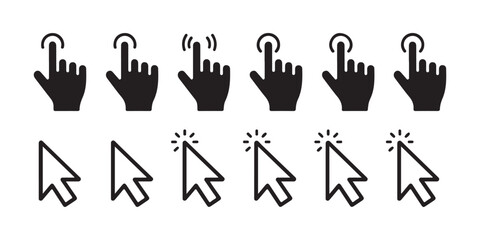 Fototapeta premium Solid hand click icons and outline arrow cursor collection with various interaction states.
