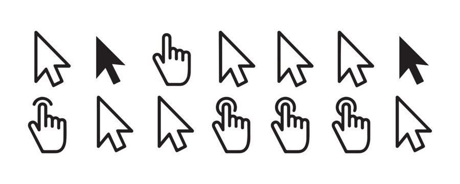 Set of computer mouse pointers and hand cursors in flat design style on transparent background.