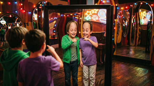 Happy kids looking at funny reflections in a carnival mirror maze