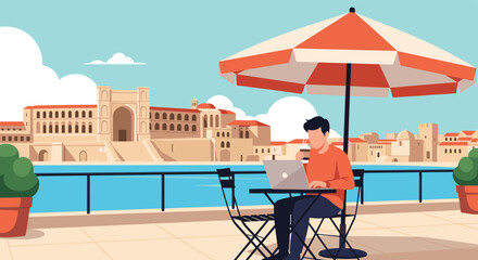 Fototapeta premium Man working on a laptop at an outdoor cafe table under a red and white umbrella with a scenic view of an old city across the water.