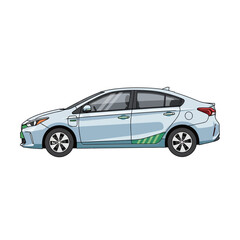 Obraz premium Modern silver hybrid sedan car illustration, clean energy vehicle side view