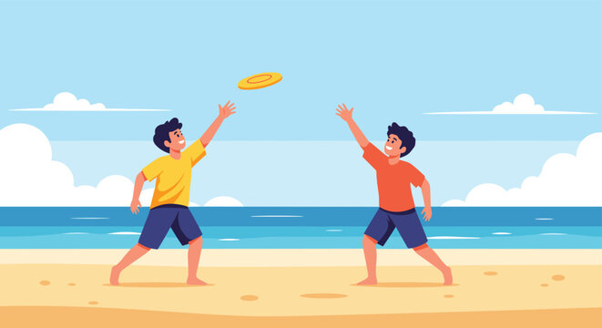 Two young boys having fun playing with an orange frisbee on a sandy beach under a clear blue sky on a beautiful summer day.