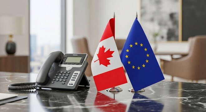 Canada-EU Flags with Telephone, Diplomatic Relations, Trade Cooperation, International Alliance