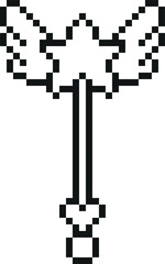 Obraz premium Magic wand black and white pixel art vector icon, retro 8 bit kids fairy toy, wizard tool with star, heart and wings